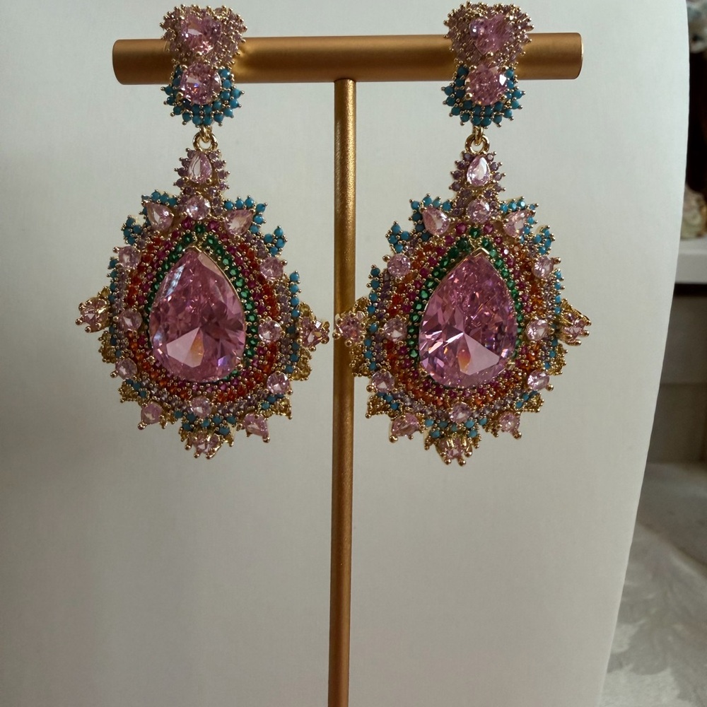 18k gold plated Sparkling Pink zirconia crystal Teardrop Statement Earrings